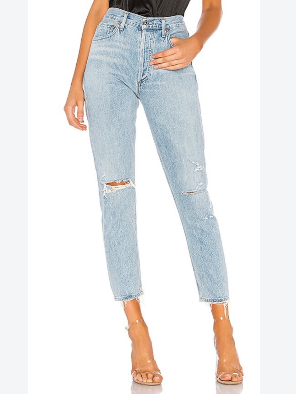 Agolde Jamie High Rise Classic Distressed Light Wash Denim Jeans